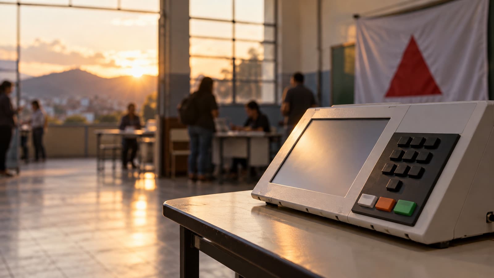 Urna eletrônica em local de votação de Minas Gerais ao anoitecer