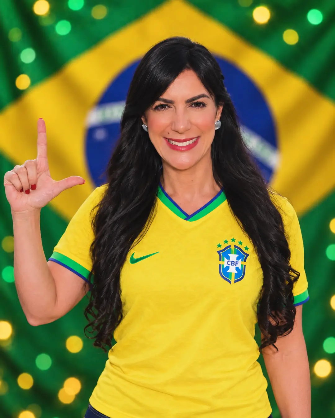 Retrato de @smarcella_m com camisa da seleção diante da bandeira brasileira. Imagem reconstruída com auxílio de IA.