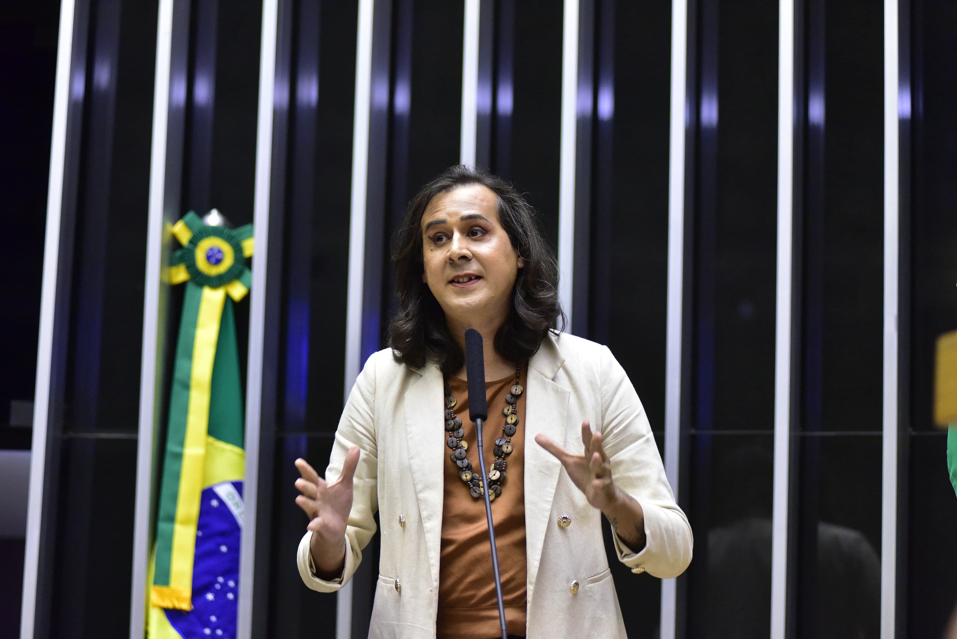 Duda Salabert fala ao microfone e gesticula com as mãos durante sessão na Câmara dos Deputados em 30 de março de 2023. Fotografia de arquivo, anterior ao episódio na UFRN.
