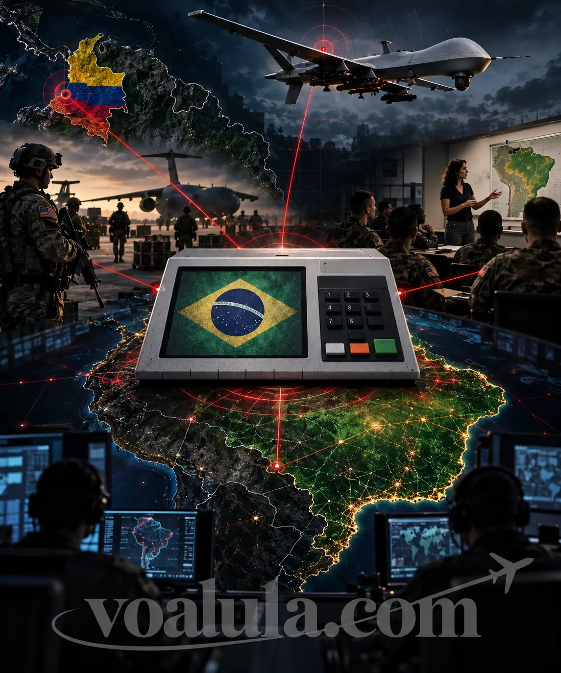 Urna brasileira no centro de uma montagem editorial ligada a drone militar, tropas dos Estados Unidos, aula de português e Colômbia