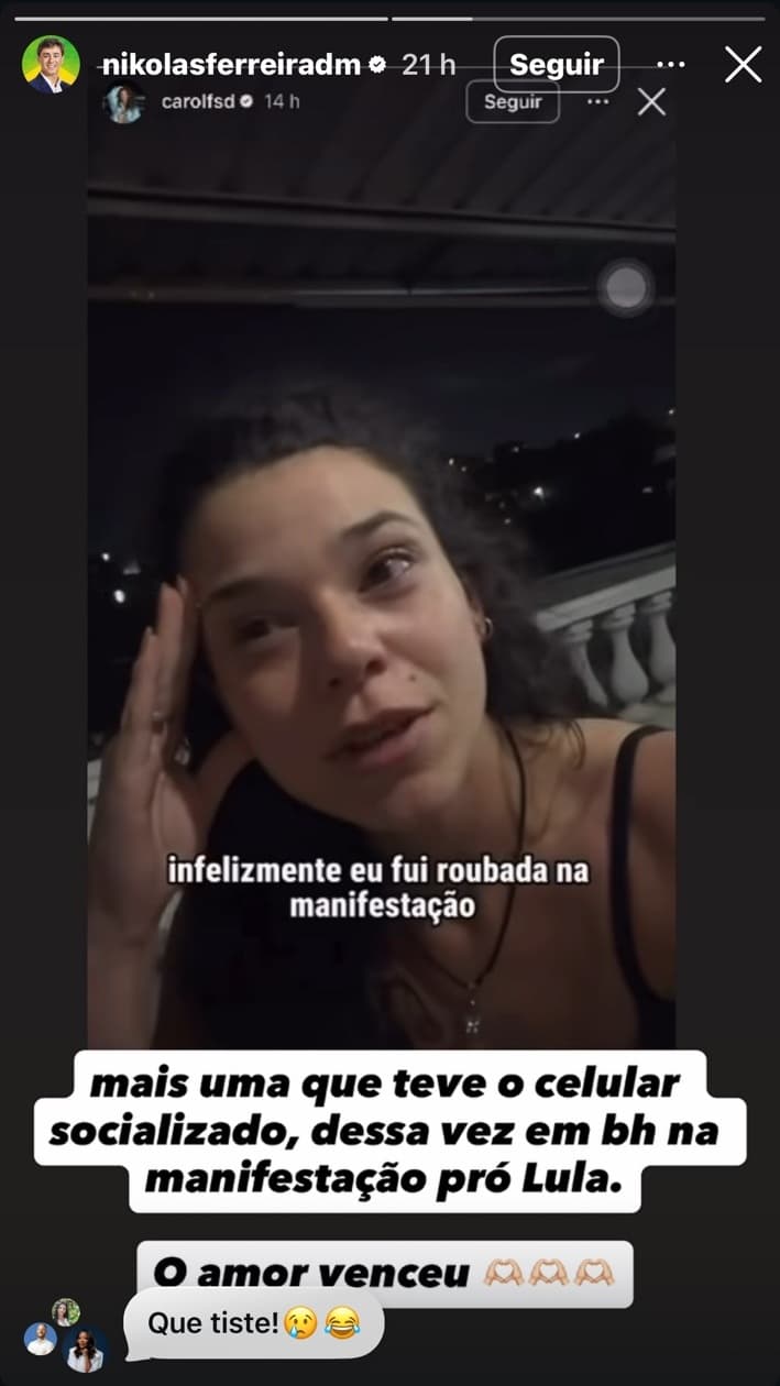 Print do story de Nikolas Ferreira reproduzindo o vídeo de Carolina e as frases sobre celular socializado e O amor venceu.