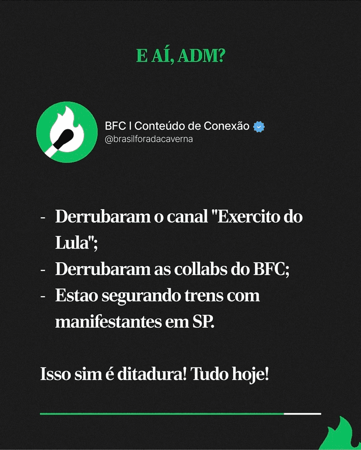 Print da publicação do Brasil Fora da Caverna relatando bloqueio de collabs, suspensão do canal Exército do Lula e relatos sobre trens em São Paulo.