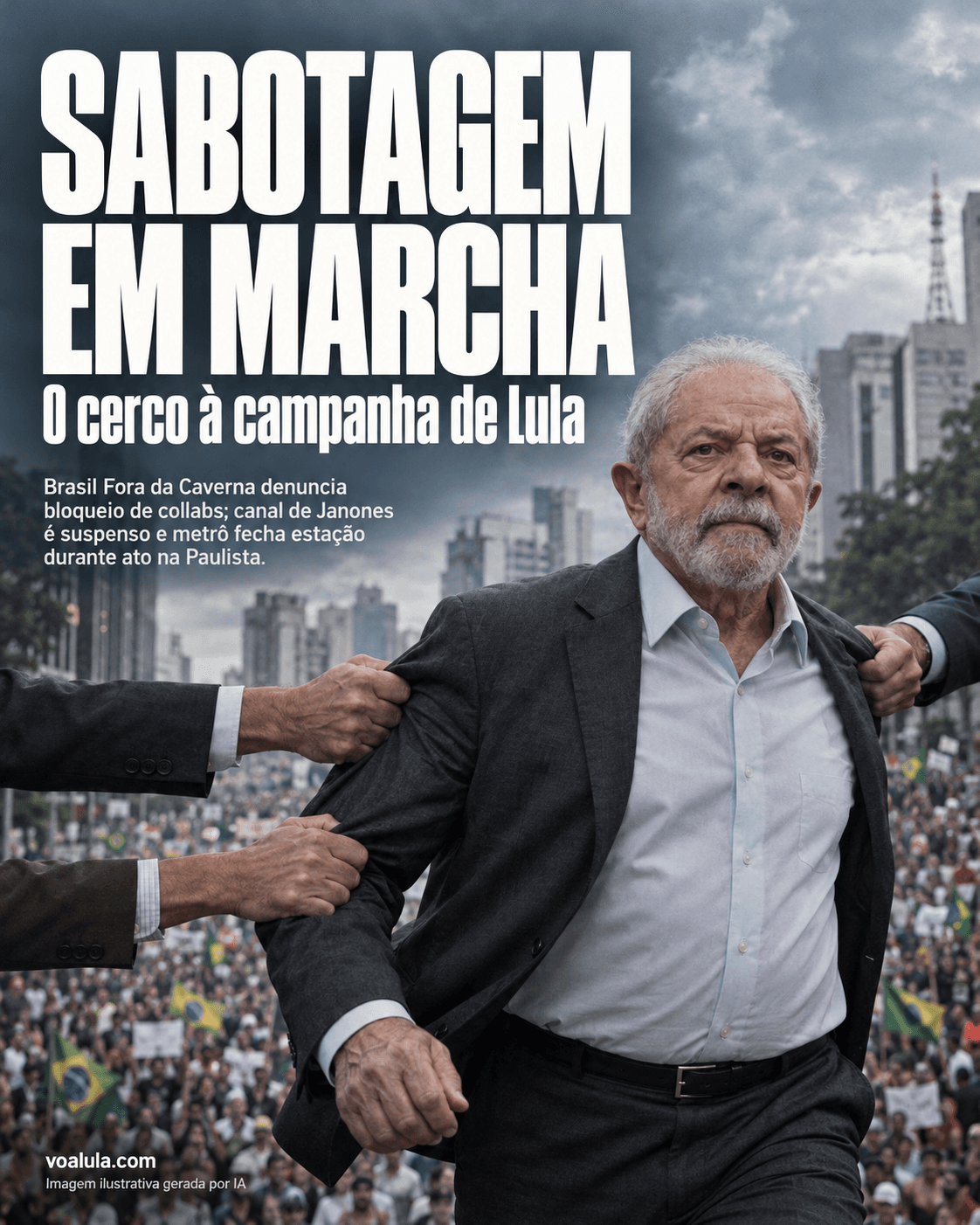 Ilustração simbólica de Lula caminhando enquanto mãos puxam seu paletó, diante de uma multidão na Paulista. Título: Sabotagem em marcha.