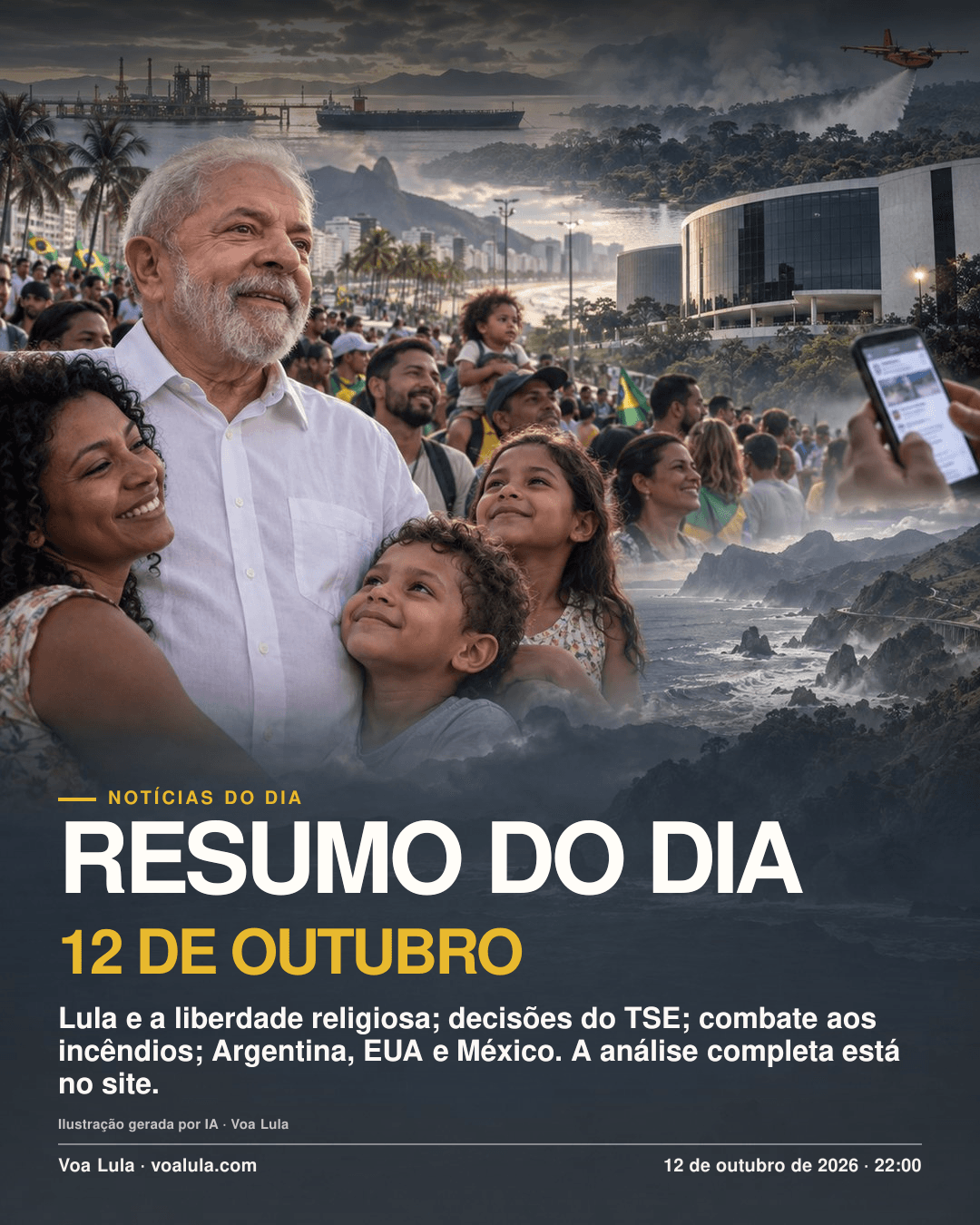 Ilustração gerada por IA para o Resumo do Dia de 12 de outubro de 2026: Lula e famílias, mobilização popular, Justiça Eleitoral, combate aos incêndios, energia e cenário internacional.