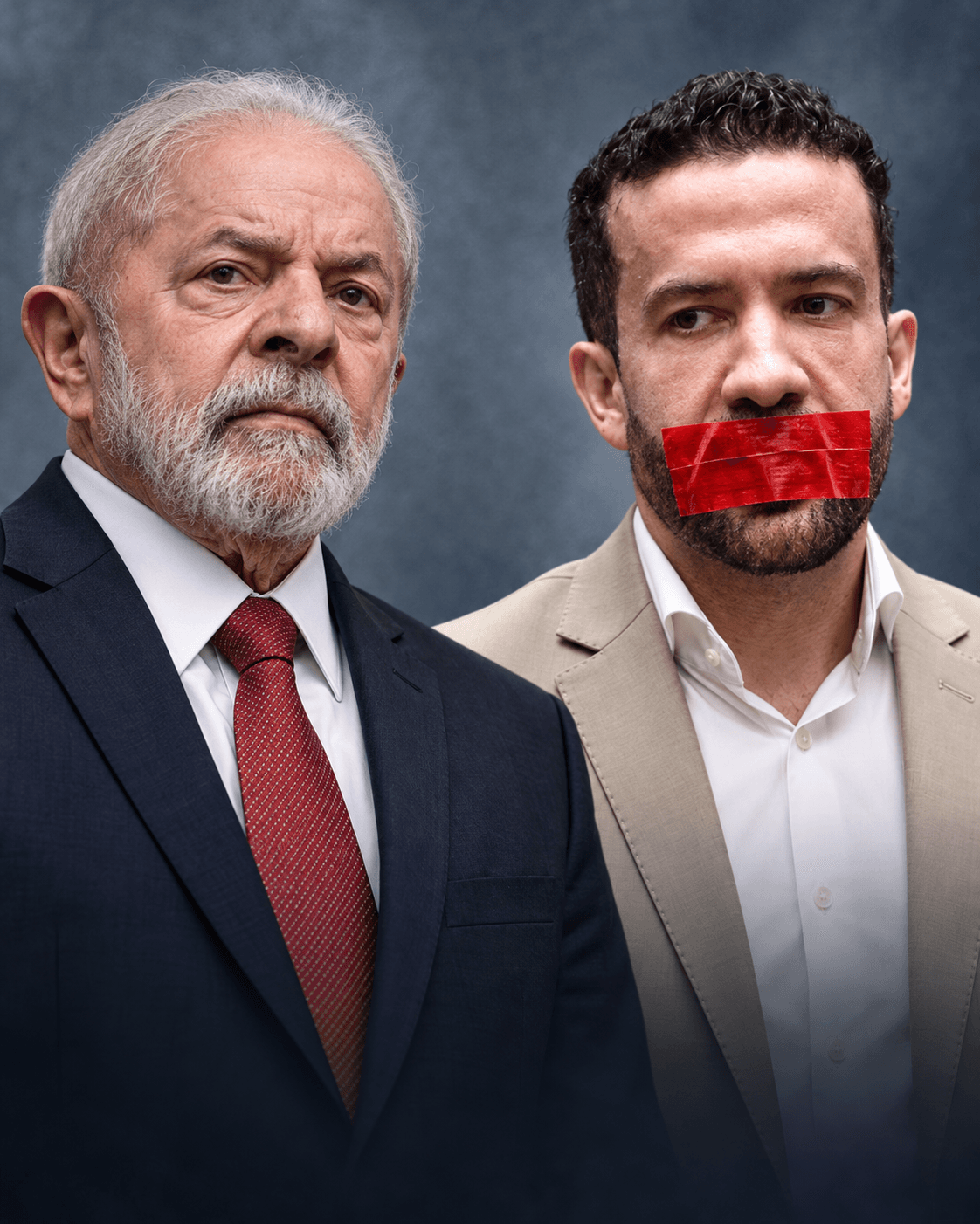 Montagem editorial: Lula ao lado de André Janones, com fita vermelha simbólica sobre a boca de Janones.